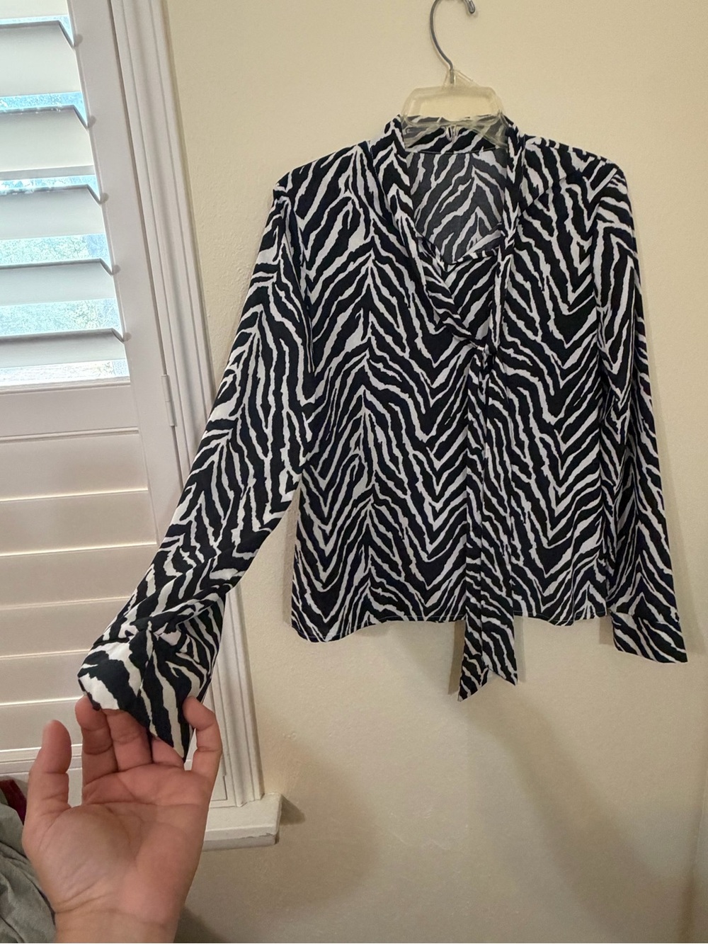 Tie-Neck Zebra Print Blouse in Black & White